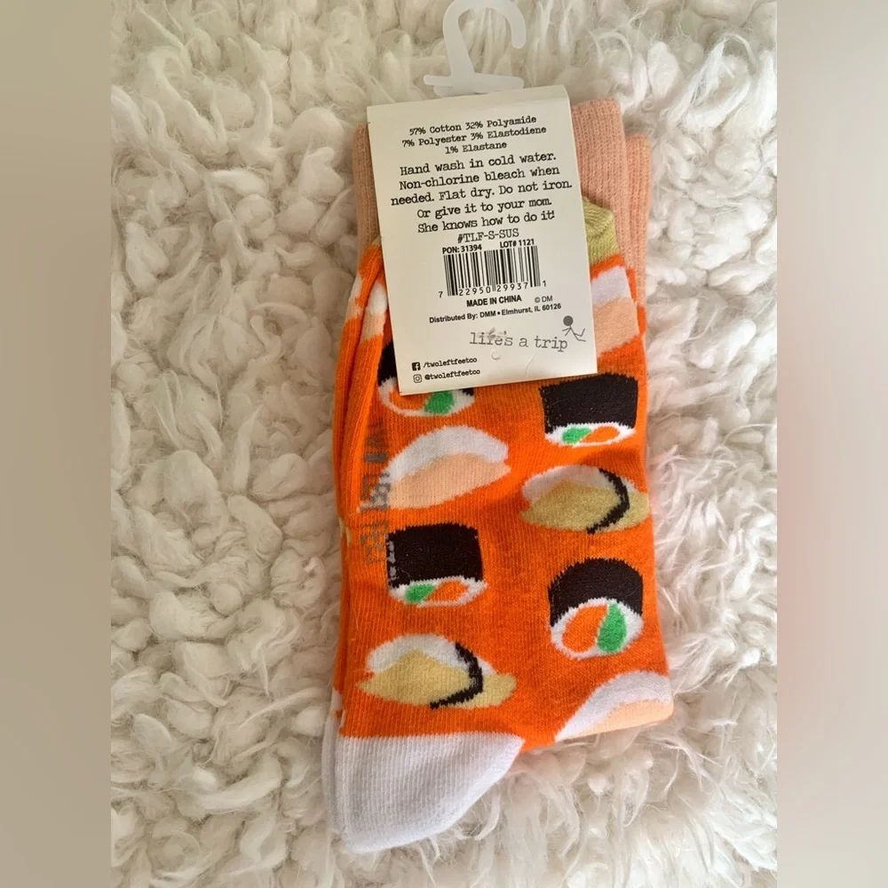 Two Left Feet New Unisex Sushi 🍣 Yum Yum Print Vibrant Orange Crew Socks